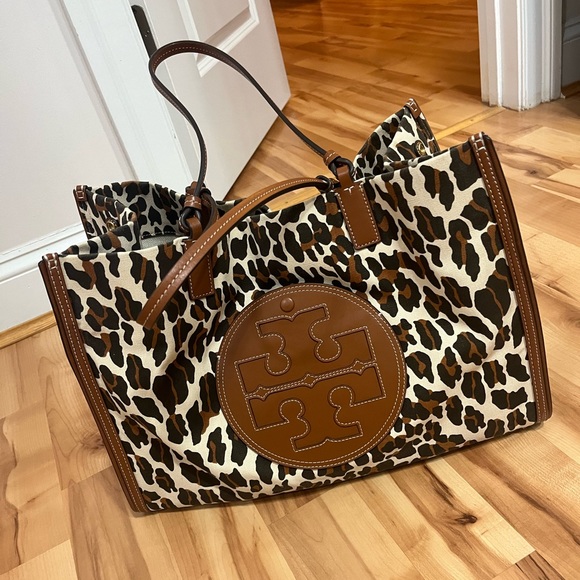 Tory Burch Handbags - Tory Burch Leopard Print Canvas Tote with Brown Leather Trim